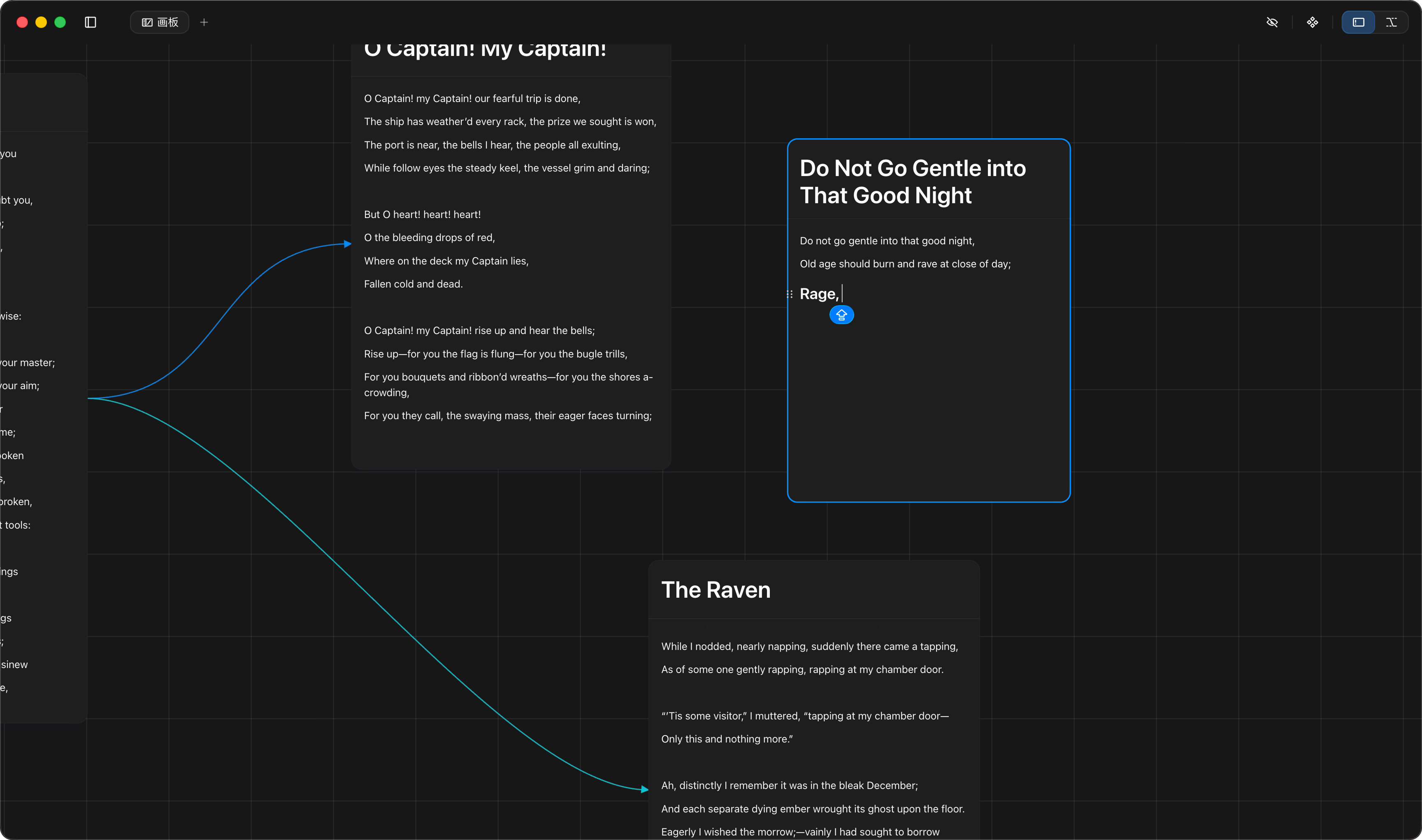 Real Quille for Mac Board view with connected writing cards on an infinite canvas
