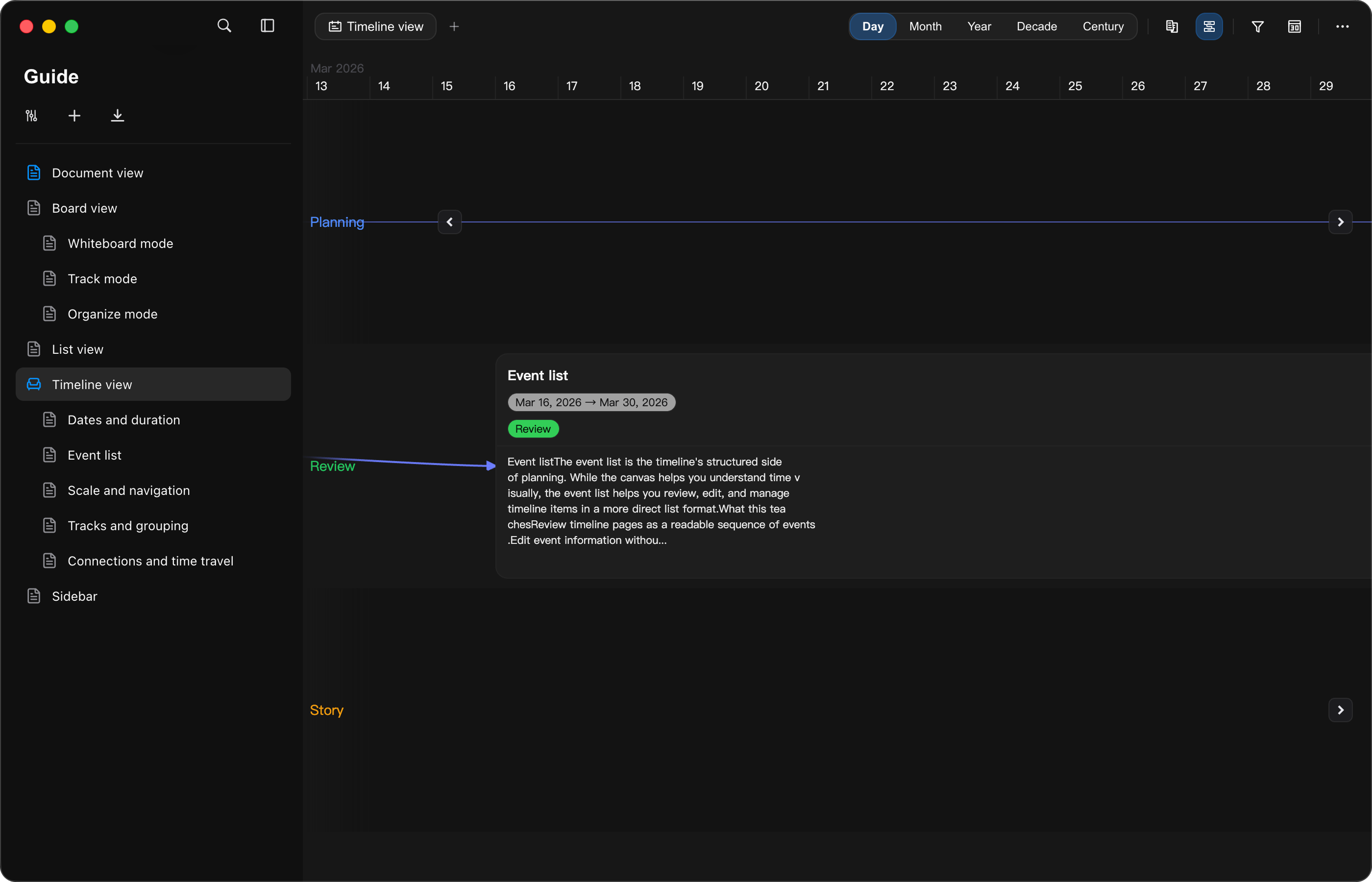 Real Quille for Mac Timeline view with dated cards, tracks, and connections